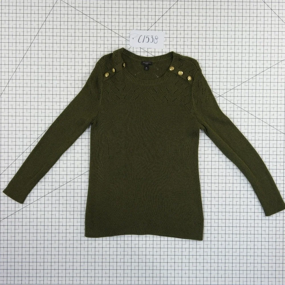 Talbots Sweater Women's Size Medium Petite Olive Green Pointelle Gold Buttons‎